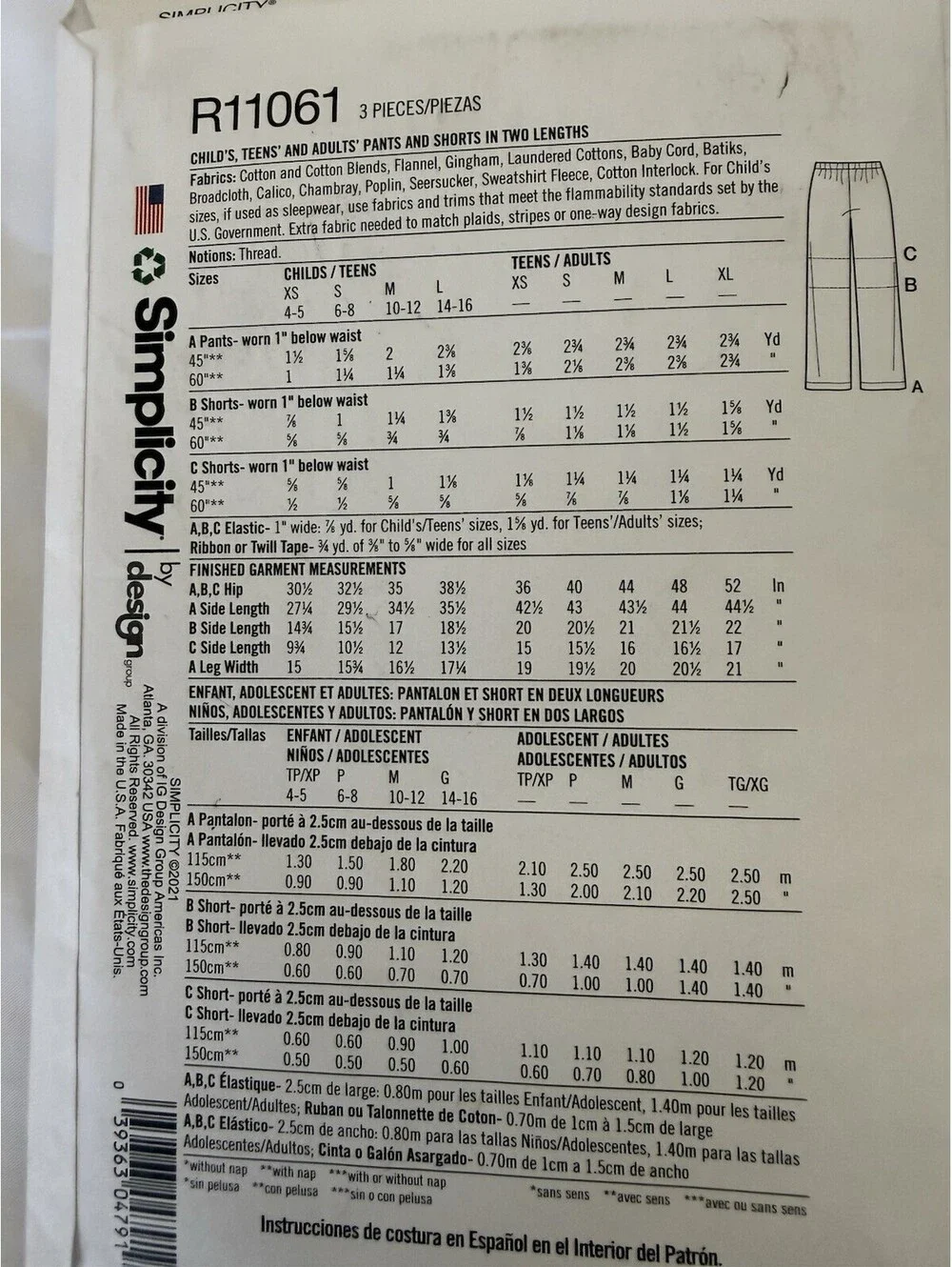 Simplicity R11061 Easy to Sew Pants Pattern Unisex Children Men Women Uncut NEW